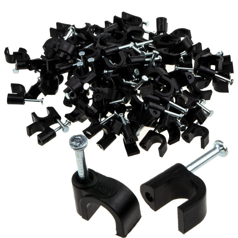 Round Black 6mm Cable Clips Secure Fastenings Cables [100 Pack]